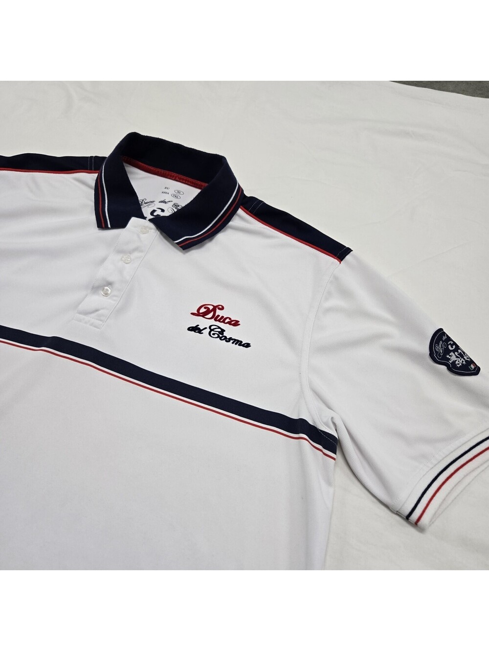 Sz XL Vintage Duca Del Cosma White Polo Shirt Golf Navy/Red Accent Logo Duca-Dry